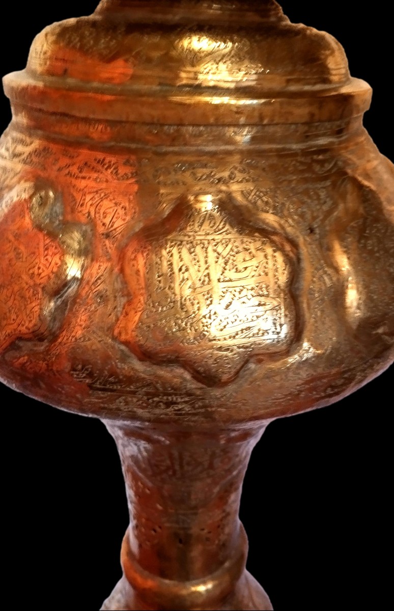 Importante torchère de sol, de mosquée, HT 195 cm, XIXème, laiton ciselé, ajouré, très bon état-photo-2