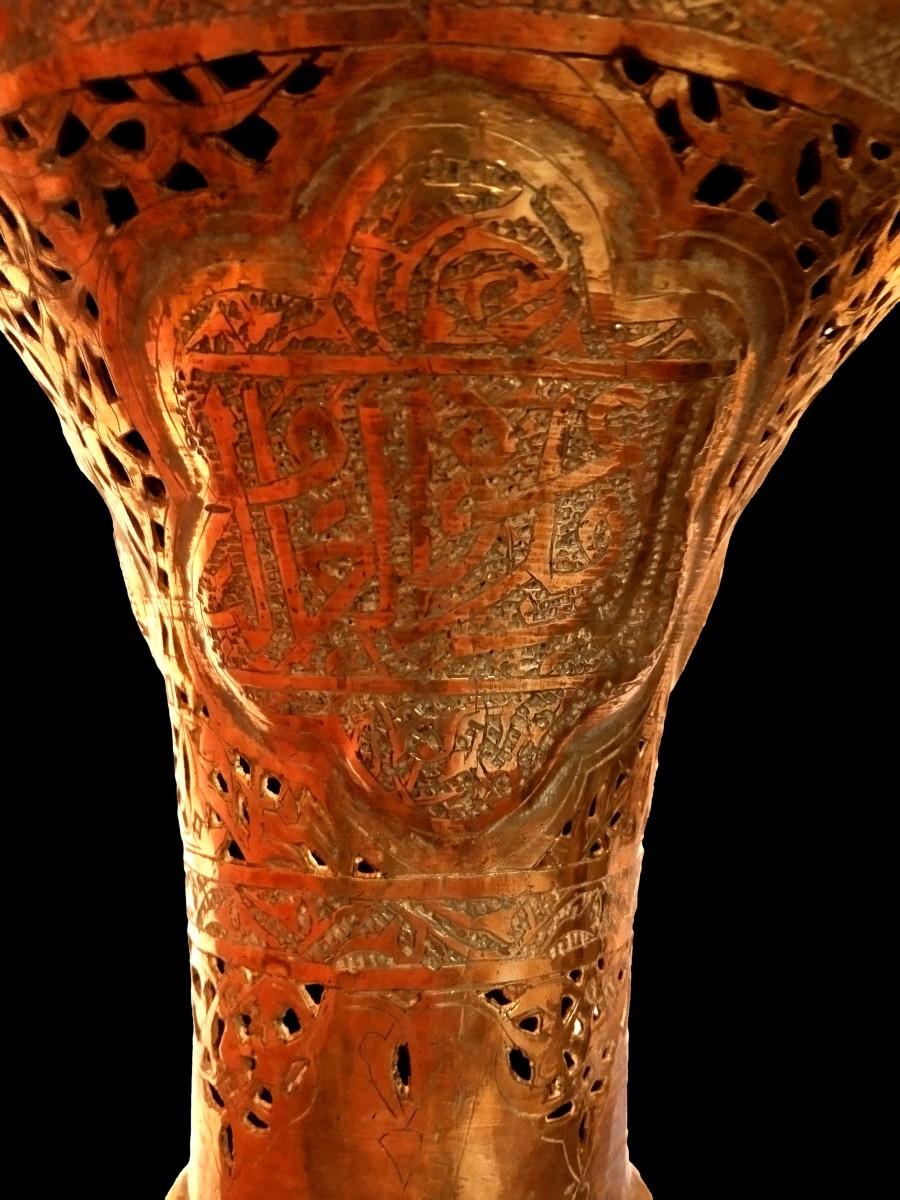 Importante torchère de sol, de mosquée, HT 195 cm, XIXème, laiton ciselé, ajouré, très bon état-photo-5