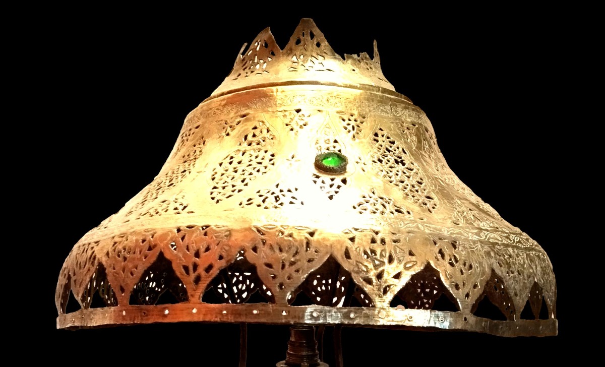 Importante torchère de sol, de mosquée, HT 195 cm, XIXème, laiton ciselé, ajouré, très bon état-photo-6