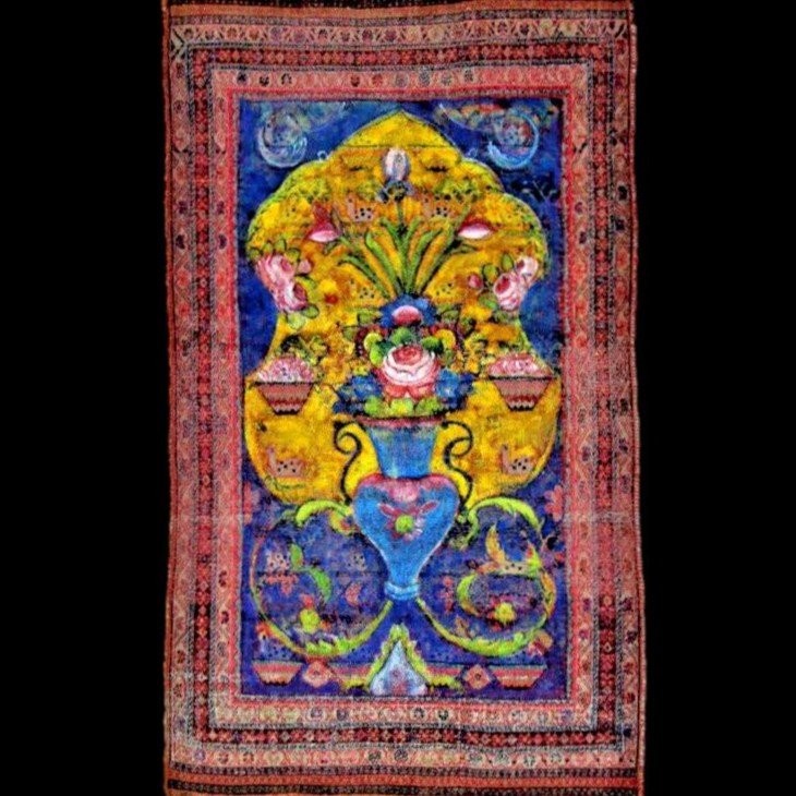 Tapis Macchad, 133 x 227 cm, laine nouée main, décor d'une vision du paradis, XIXème siècle