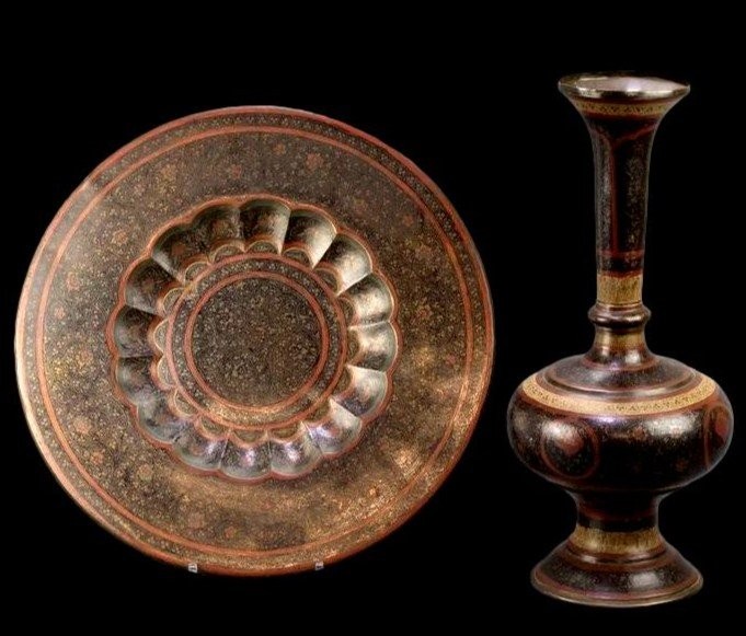 Vase And Its Hand-painted Enameled Copper Tray, Indo-persian, 1900/1920, Very Good Condition-photo-2