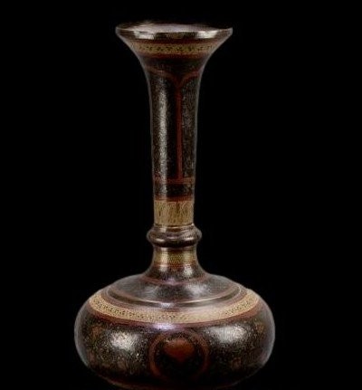 Vase And Its Hand-painted Enameled Copper Tray, Indo-persian, 1900/1920, Very Good Condition-photo-4