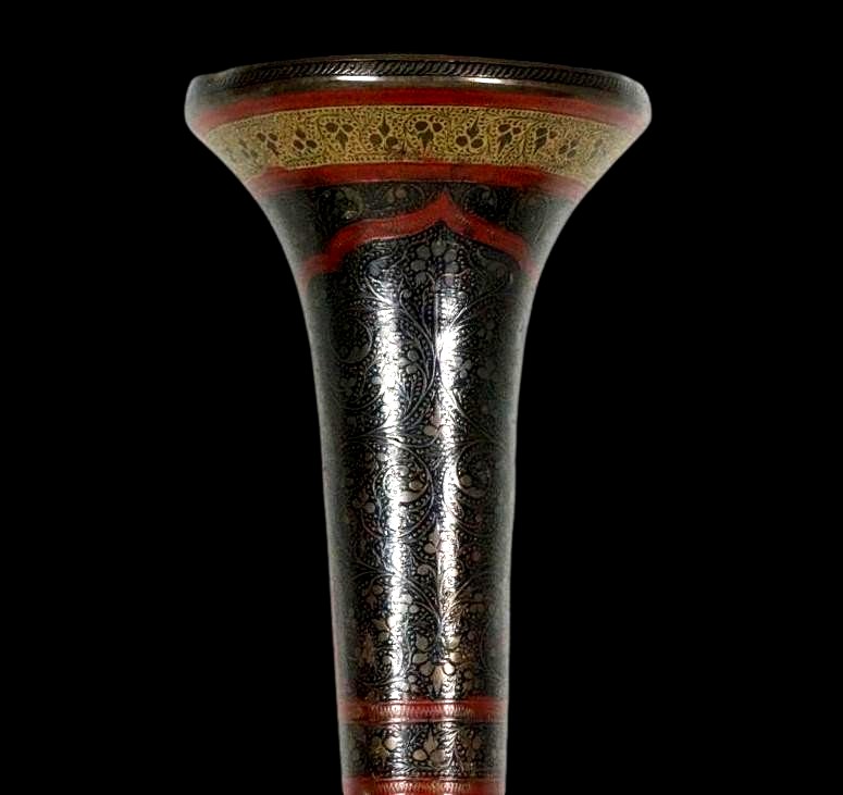 Vase And Its Hand-painted Enameled Copper Tray, Indo-persian, 1900/1920, Very Good Condition-photo-4