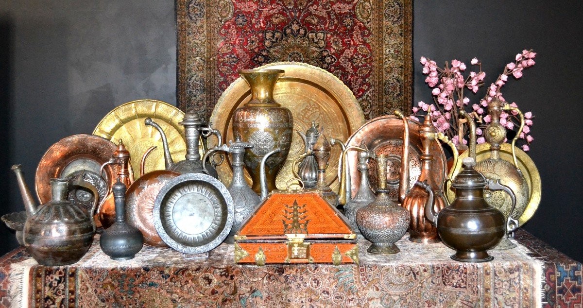 Vase And Its Hand-painted Enameled Copper Tray, Indo-persian, 1900/1920, Very Good Condition-photo-7