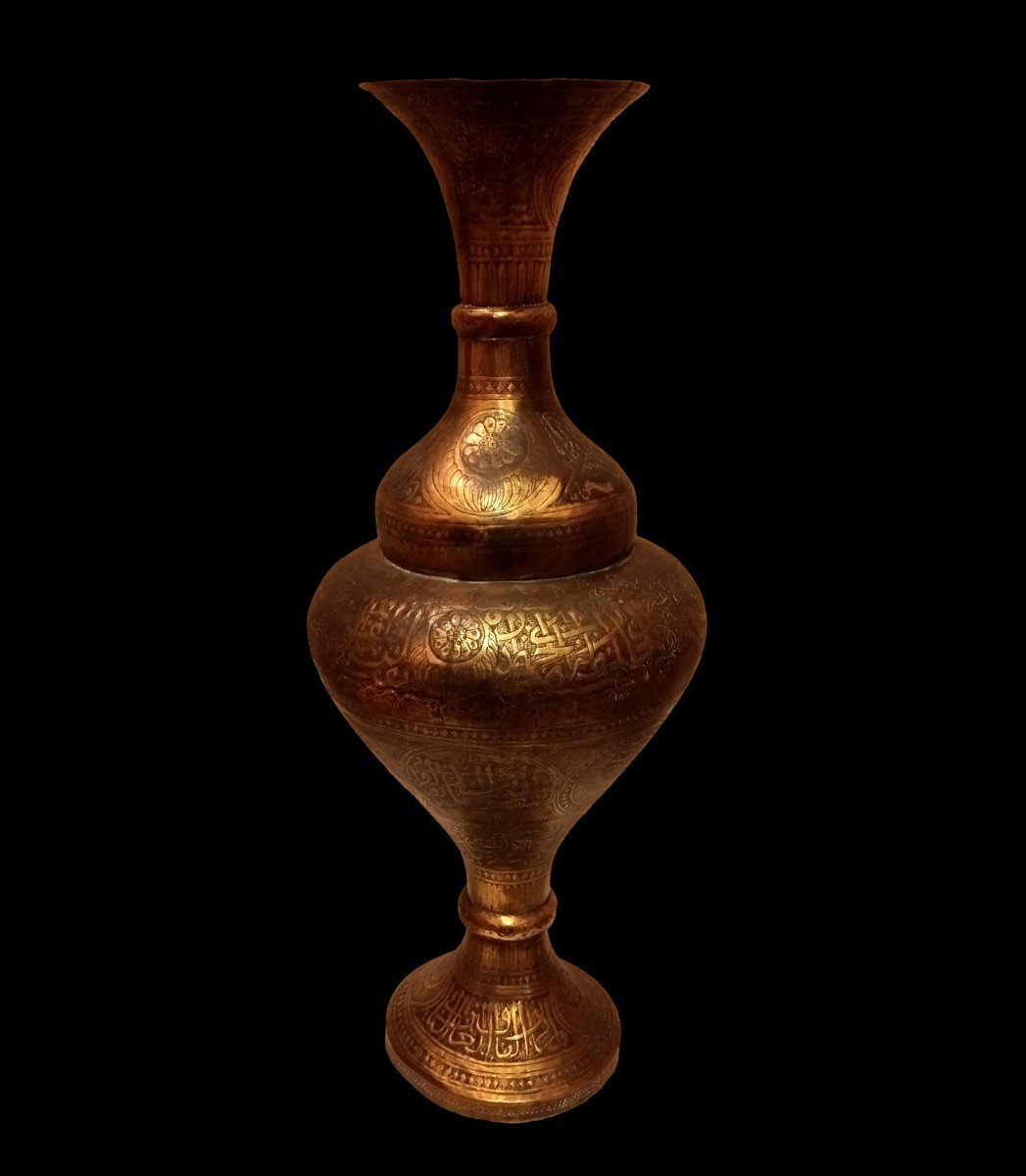vase balustre oriental, 73 cm de haut, laiton ciselé du  XIXème, Moyen - Orient, très bon état-photo-7