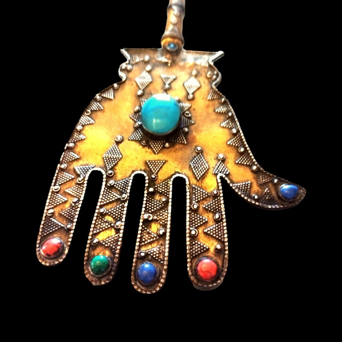Khamsa, Pendant, Amulet, 19th Century, Silver & Vermeil, Semi-precious Stones, Islam-photo-3