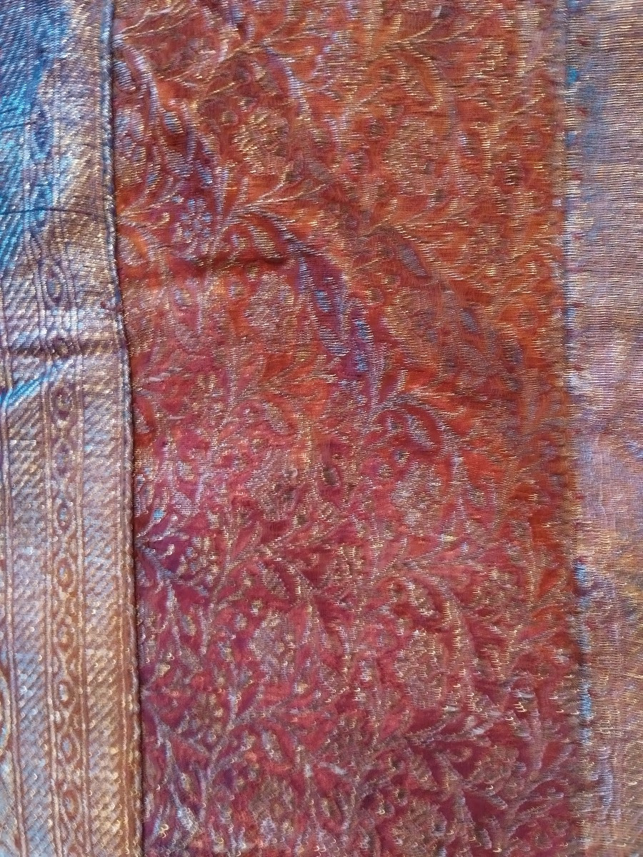 Tenture de soie, 215 x 260 cm, soie en patchwork, travail des années 70-80, parfait état-photo-1