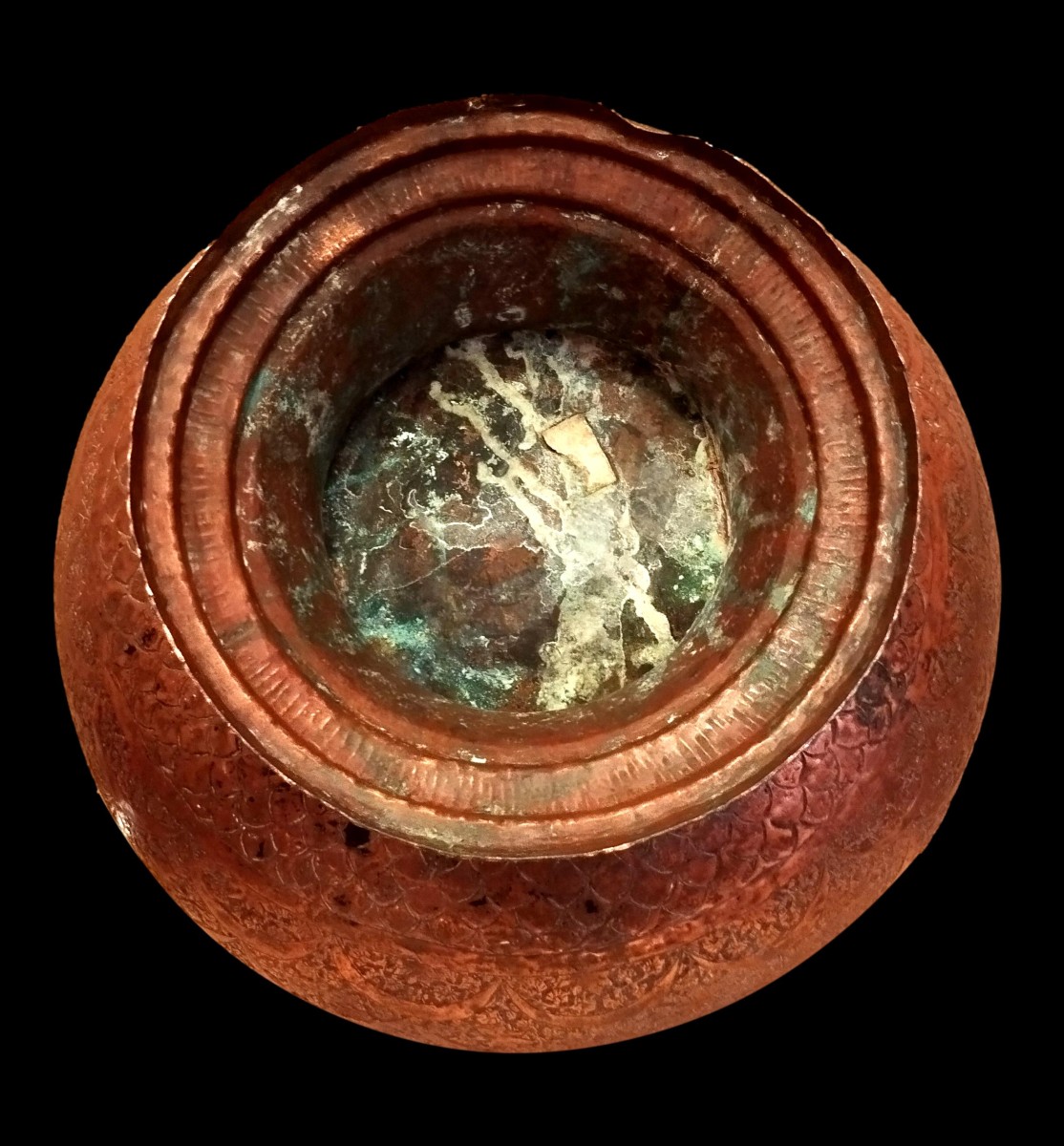 Vase à panse globulaire, Ht 83 cm, Iran, cuivre rouge, millefleurs barques inversées, XIXème-photo-2