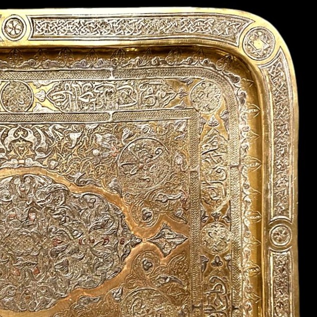 19th Century Silver On Brass Marquetry Top, Damask, Syria, Very Good Condition-photo-4