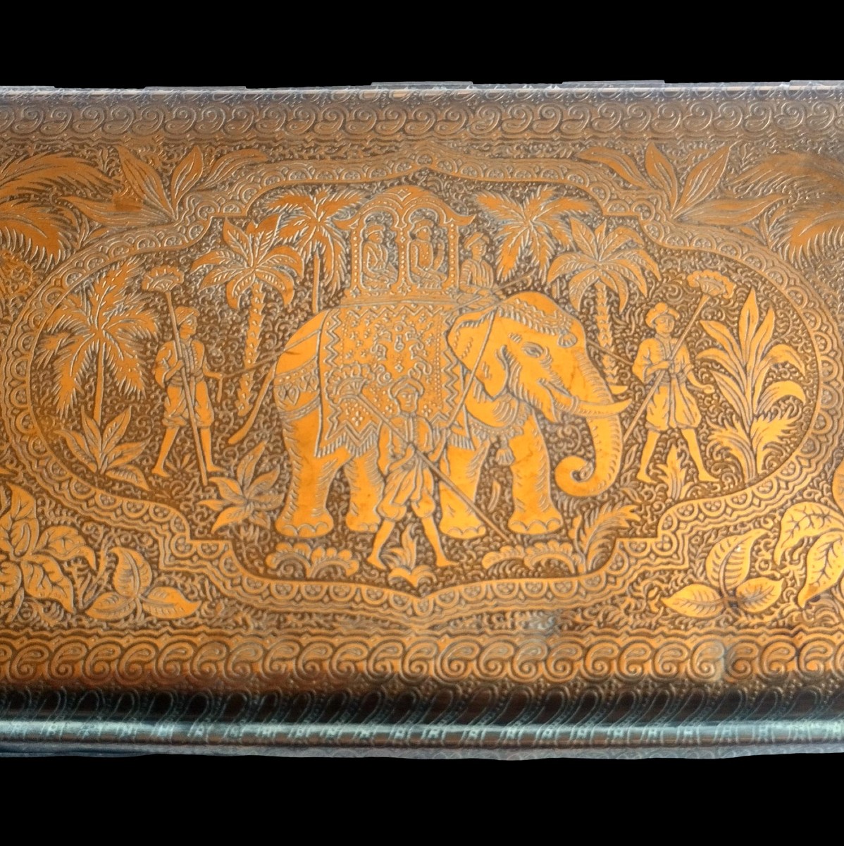 Large Brass Cigarette Box, Oriental Elephant Design, Early 20th Century-photo-2