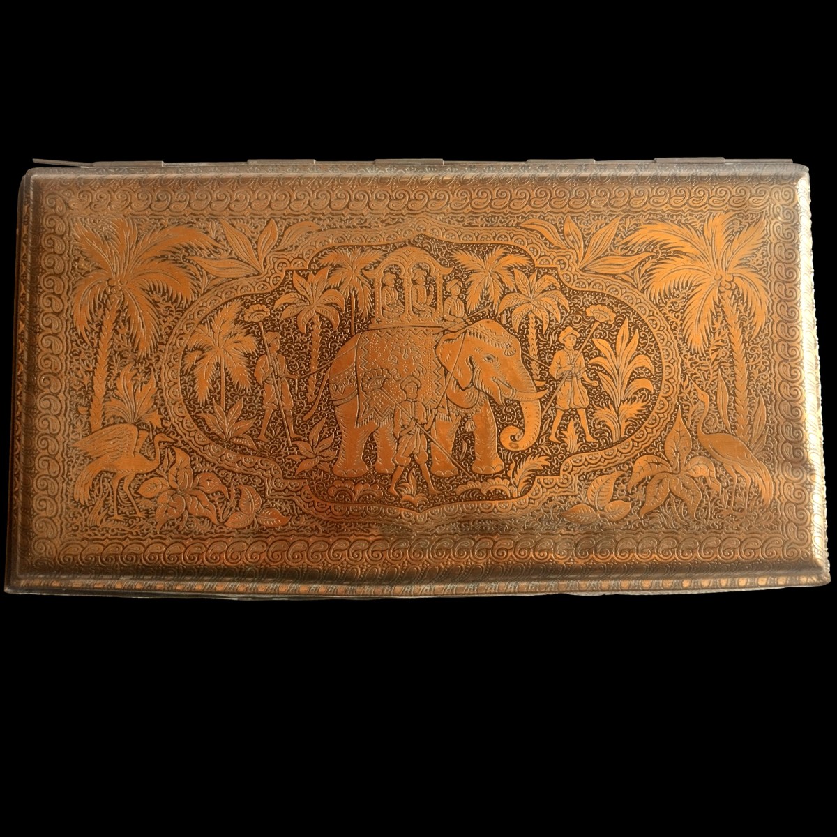Large Brass Cigarette Box, Oriental Elephant Design, Early 20th Century