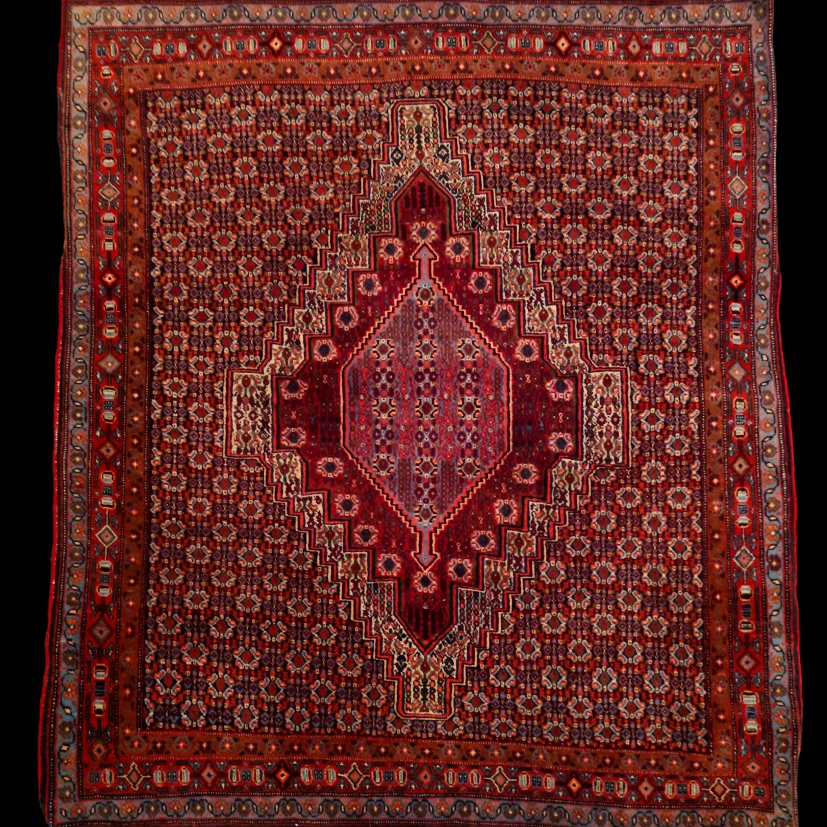 Tapis Senneh, 127 x 155 cm, laine nouée main au Kurdistan iranien, 1980, très bon état
