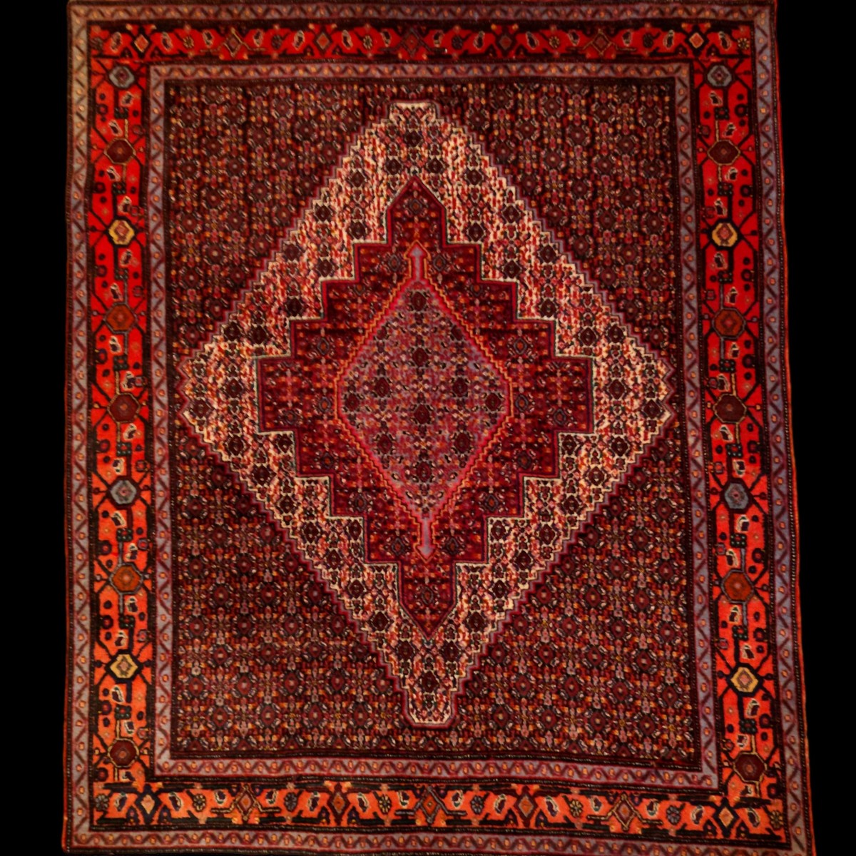 Tapis Senneh, 127 x 153 cm, laine nouée main au Kurdistan iranien, 1980, très bon état