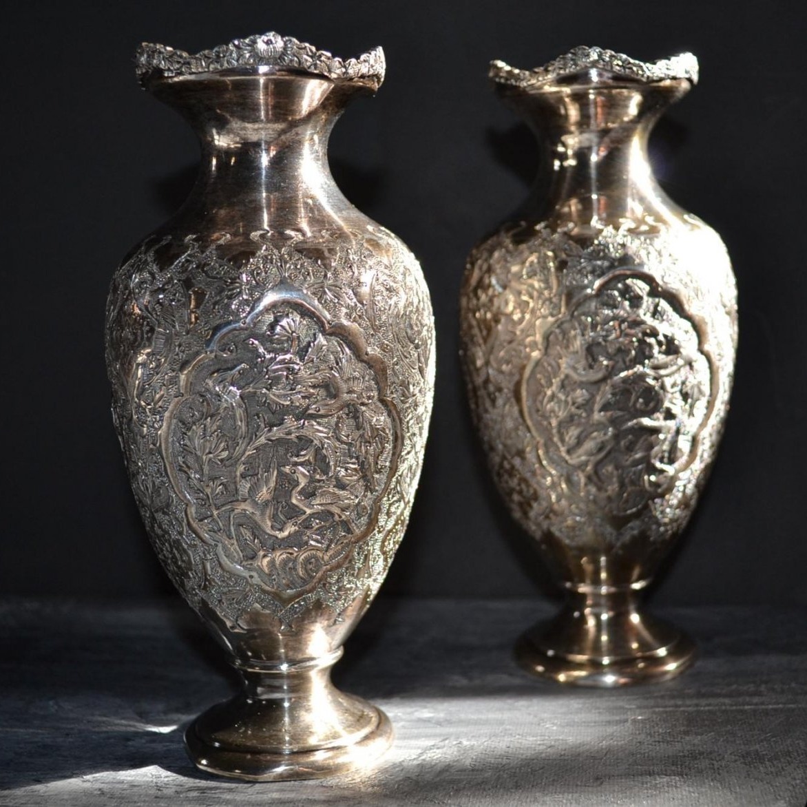 Pair Of Wedding Vases, Art Kadjar, Repoussé Chased Silver, Isfahan, Iran, 1880 - 1900-photo-2