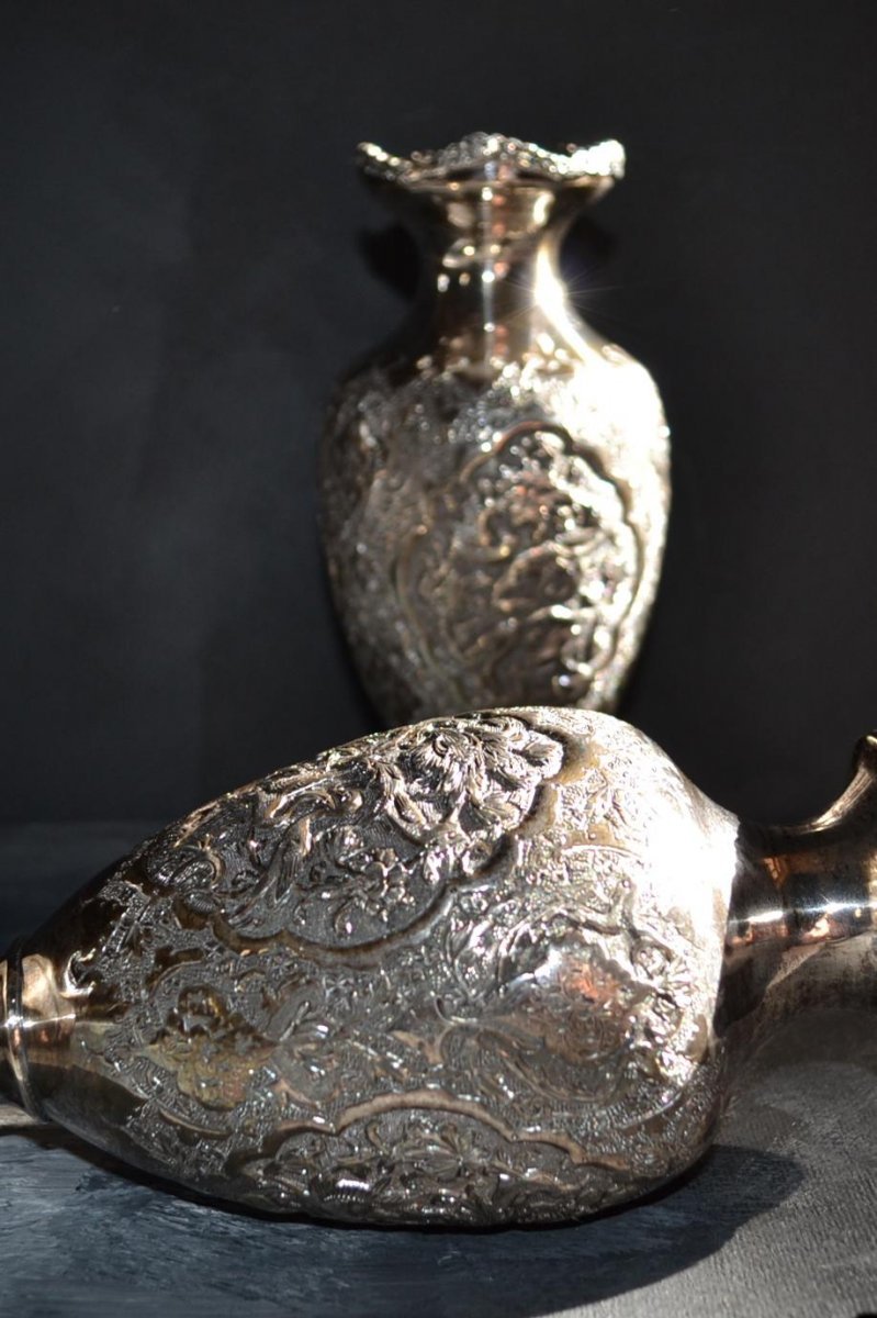 Pair Of Wedding Vases, Art Kadjar, Repoussé Chased Silver, Isfahan, Iran, 1880 - 1900-photo-3
