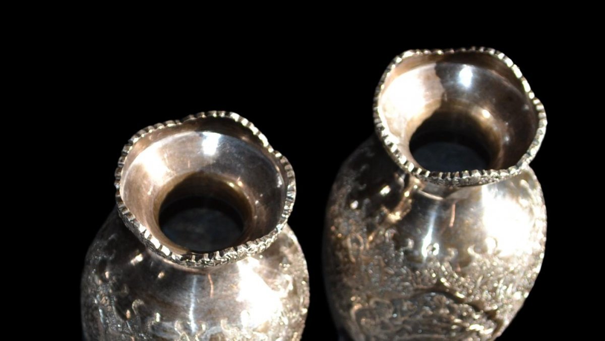 Pair Of Wedding Vases, Art Kadjar, Repoussé Chased Silver, Isfahan, Iran, 1880 - 1900-photo-3