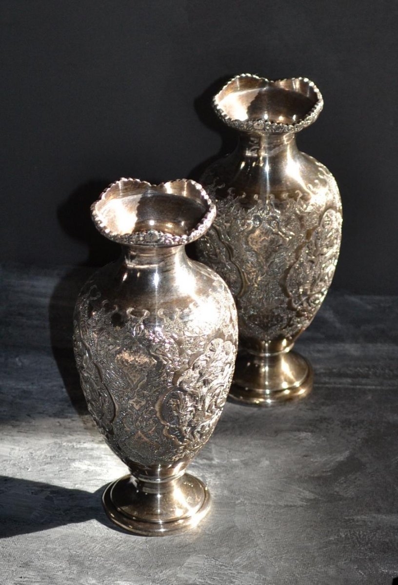 Pair Of Wedding Vases, Art Kadjar, Repoussé Chased Silver, Isfahan, Iran, 1880 - 1900-photo-4