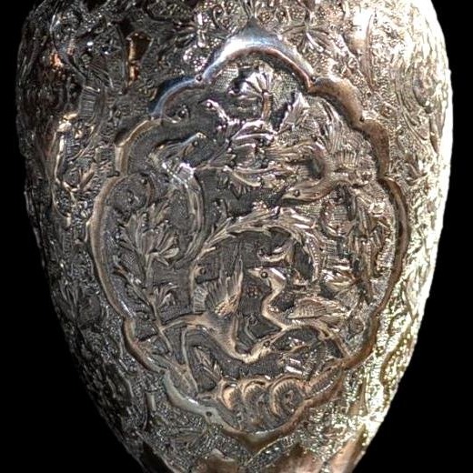 Pair Of Wedding Vases, Art Kadjar, Repoussé Chased Silver, Isfahan, Iran, 1880 - 1900