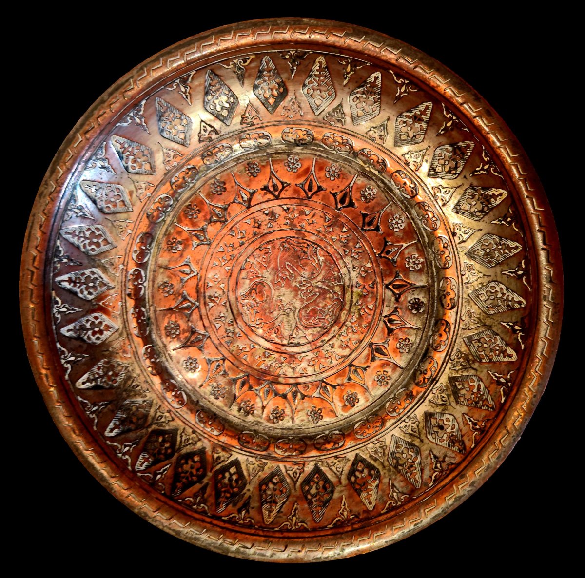 Wedding Dish Featuring Three Deer, Turkmen Art From Central Asia, 19th Century, Tin-plated Copper
