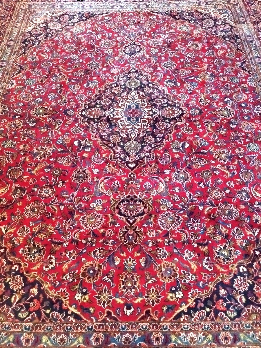 Floral Kashan Rug, 295 X 378 Cm, Hand-knotted Kork Wool From Iran, 1980, In Perfect Condition