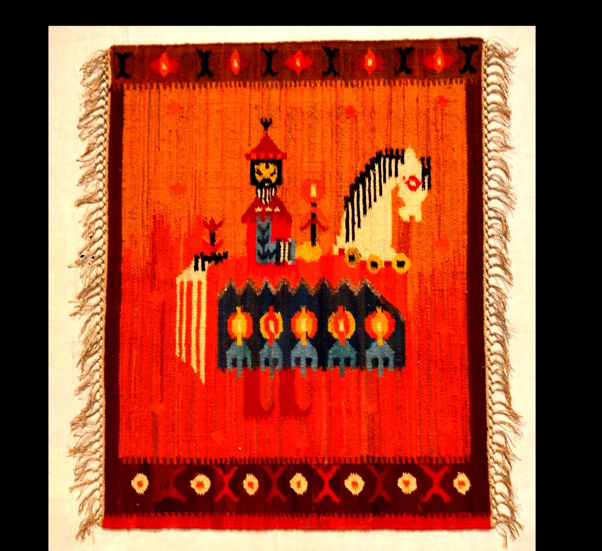 Kilim tableau d'Olekay, "le hun", Pologne, 75 x 100 cm, vers 1970, laine et lin , parfait état-photo-2