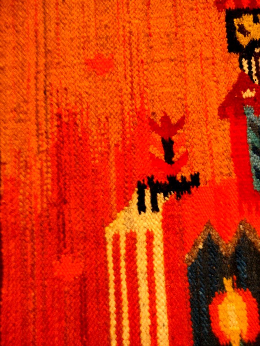 Kilim tableau d'Olekay, "le hun", Pologne, 75 x 100 cm, vers 1970, laine et lin , parfait état-photo-4