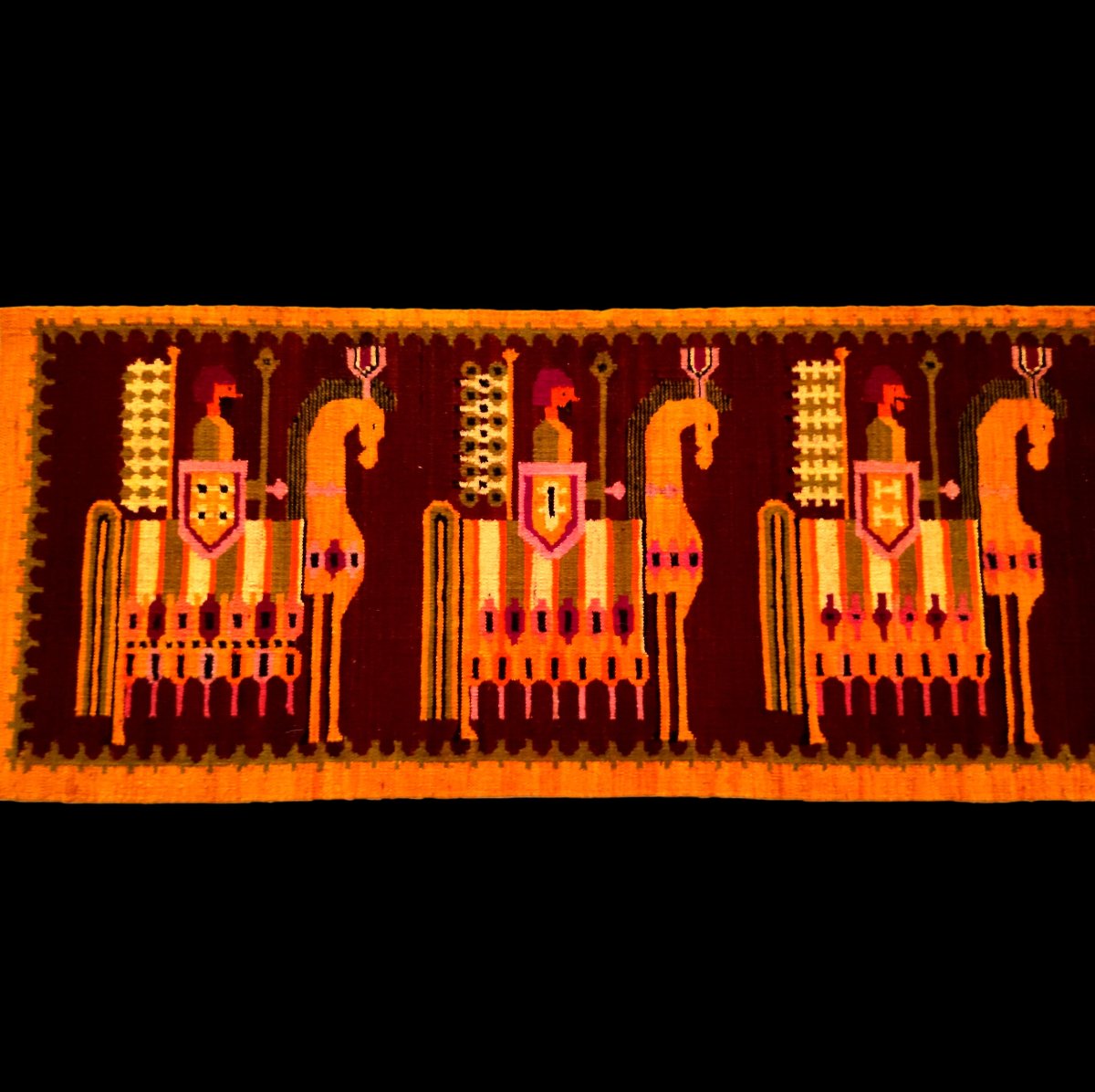 Kilim tableau d'Olekay, "le hun", Pologne, 75 x 100 cm, vers 1970, laine et lin , parfait état-photo-3