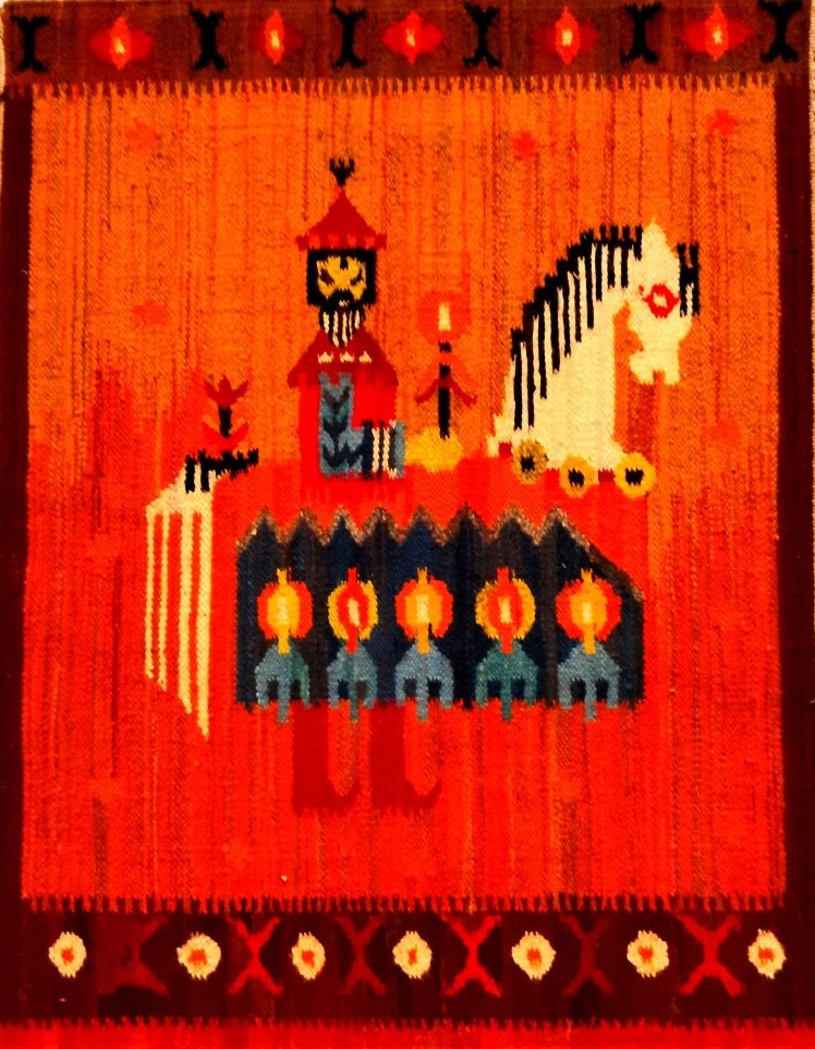 Kilim tableau d'Olekay, "le hun", Pologne, 75 x 100 cm, vers 1970, laine et lin , parfait état