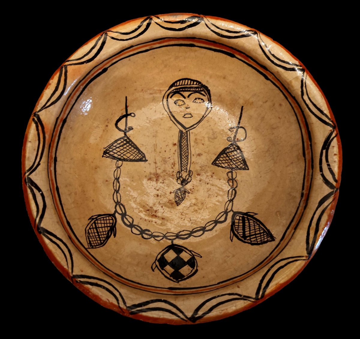 A Berber Dish, Terracotta, Kabylie, Sejnane, Rare Design Featuring A Face And Necklace, 1900, In Good Condition