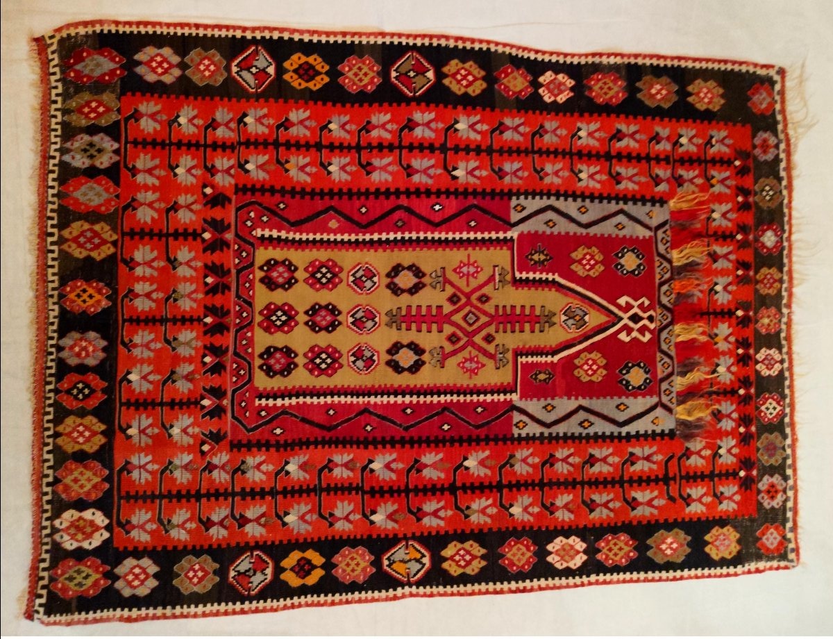 Tapis de prière en kilim, 127 x 175 cm, laine tissée en Anatolie vers 1930 - 1950, bel état-photo-2
