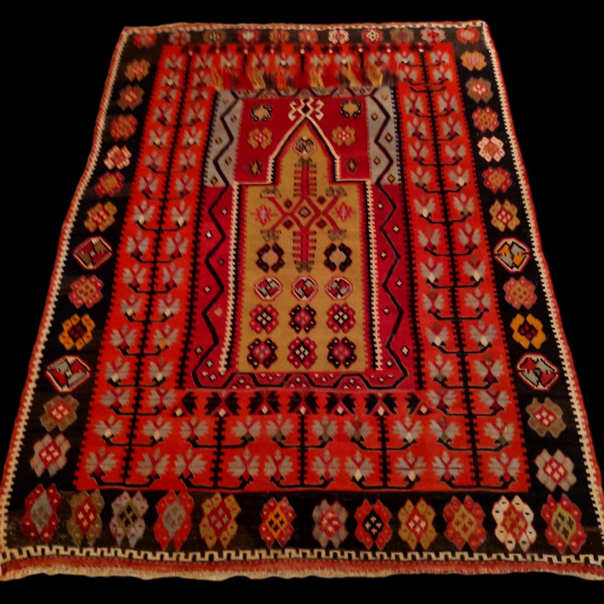 Tapis de prière en kilim, 127 x 175 cm, laine tissée en Anatolie vers 1930 - 1950, bel état-photo-3