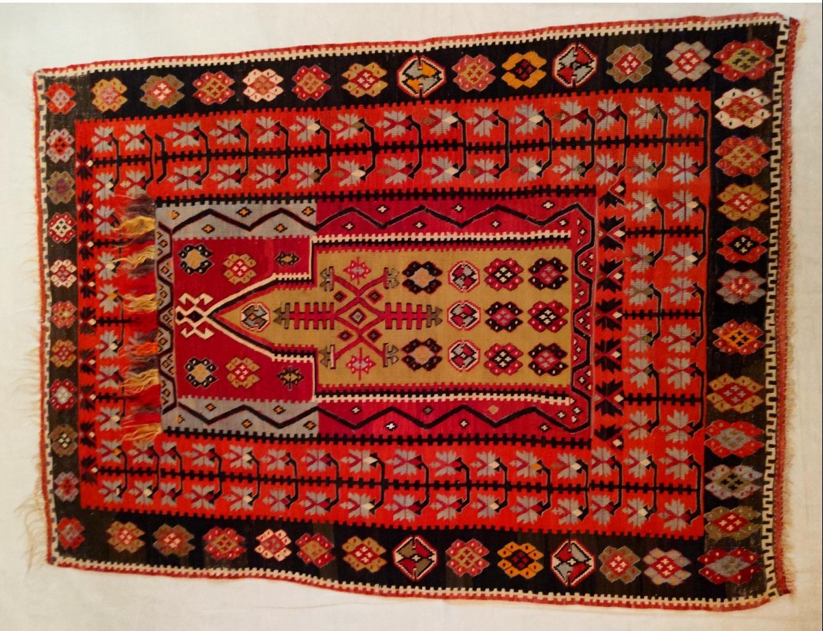 Tapis de prière en kilim, 127 x 175 cm, laine tissée en Anatolie vers 1930 - 1950, bel état-photo-4