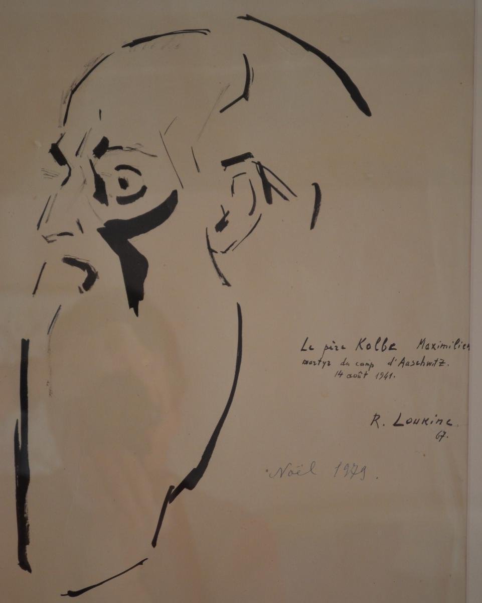 Rostislas LOUKINE , Encre de Chine, Portrait du Père Maximilien Kolbe, martyr du camp d'Auschwitz-photo-2