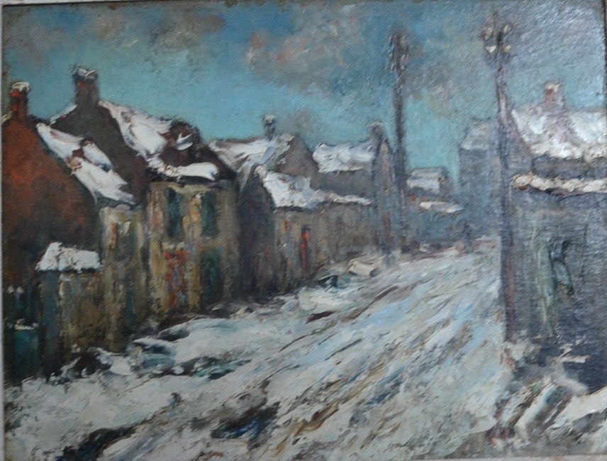 Huile sur carton , Les faubourgs de Caen  vers 1920, trace de signature,très bon état-photo-4