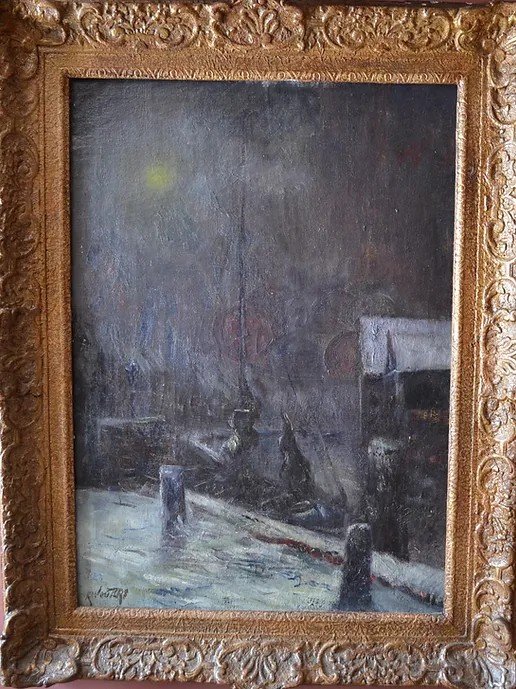 Huile sur carton , Les faubourgs de Caen  vers 1920, trace de signature,très bon état-photo-7