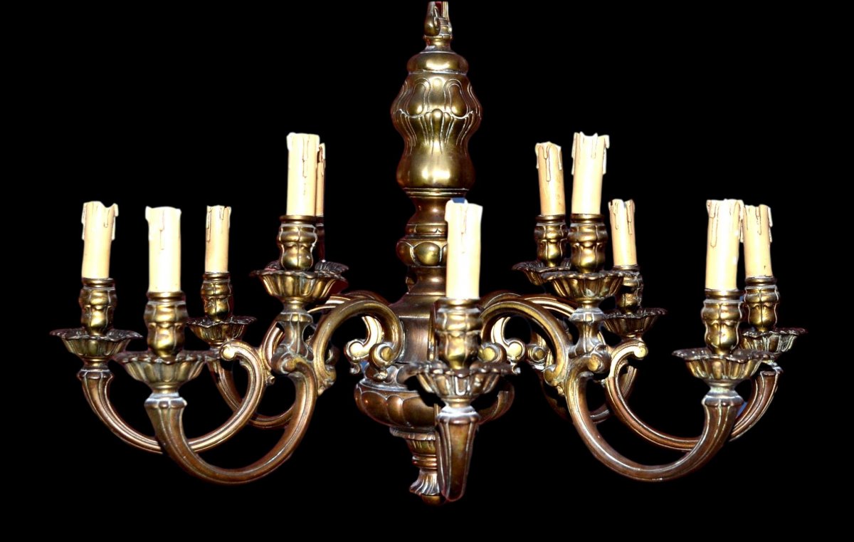 Lustre à 12 lampes en bronze doré de style Louis XIV, France vers 1890-photo-4