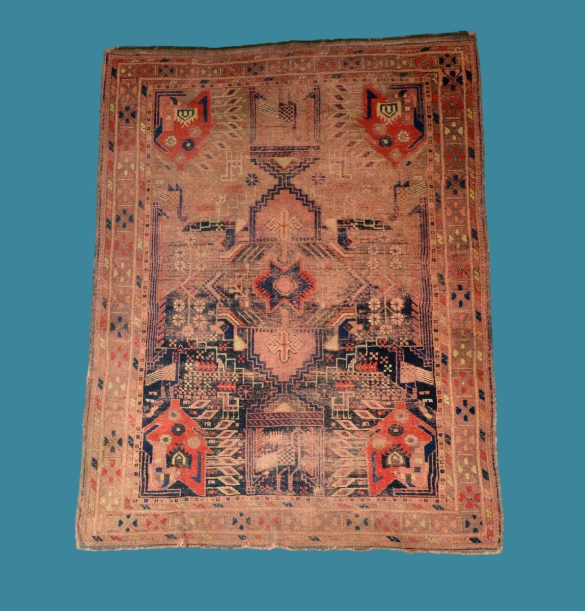 Tapis des Tribus Nomades Khamseh, 111 cm x 139 cm, laine nouée main, Perse, Fin du XIX ème Siècle-photo-7