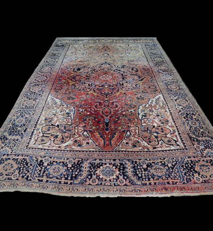 Tapis Persan Meina ( Hériz ) ancien, 242 cm x 343 cm, laine noué main, Iran, vers 1930