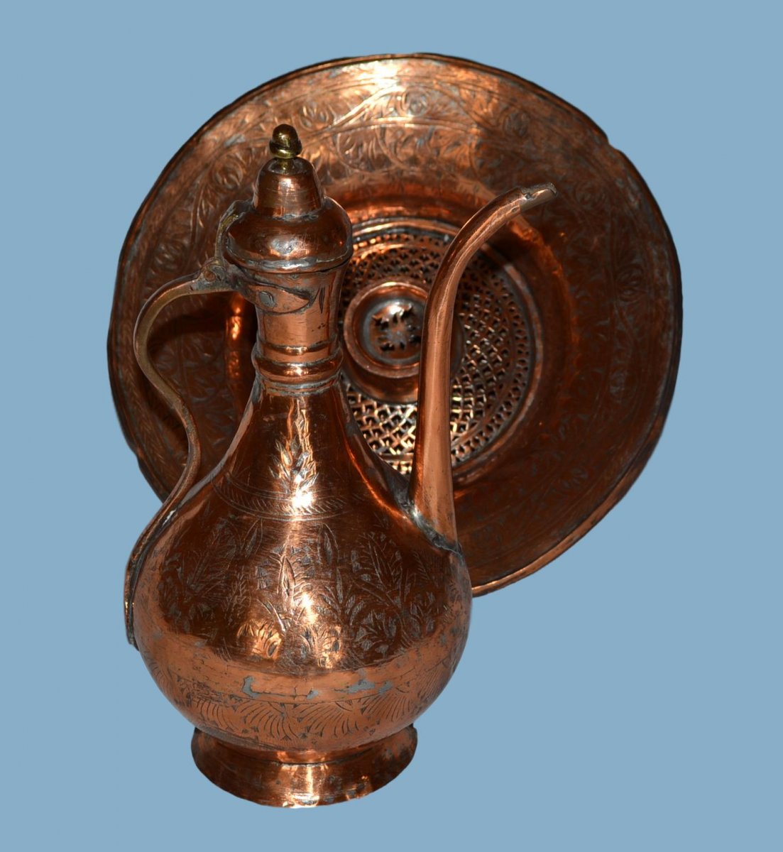 Ewer And Its Basin, Chiseled Copper, Ottoman Empire, End Of The XIXth Century,-photo-2