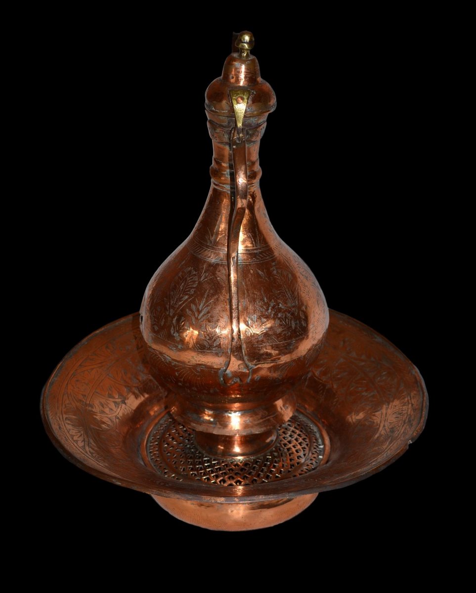 Ewer And Its Basin, Chiseled Copper, Ottoman Empire, End Of The XIXth Century,-photo-3