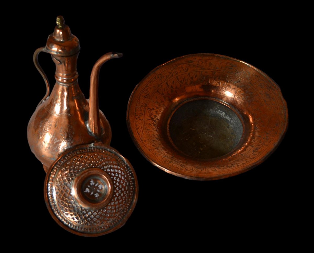 Ewer And Its Basin, Chiseled Copper, Ottoman Empire, End Of The XIXth Century,-photo-1