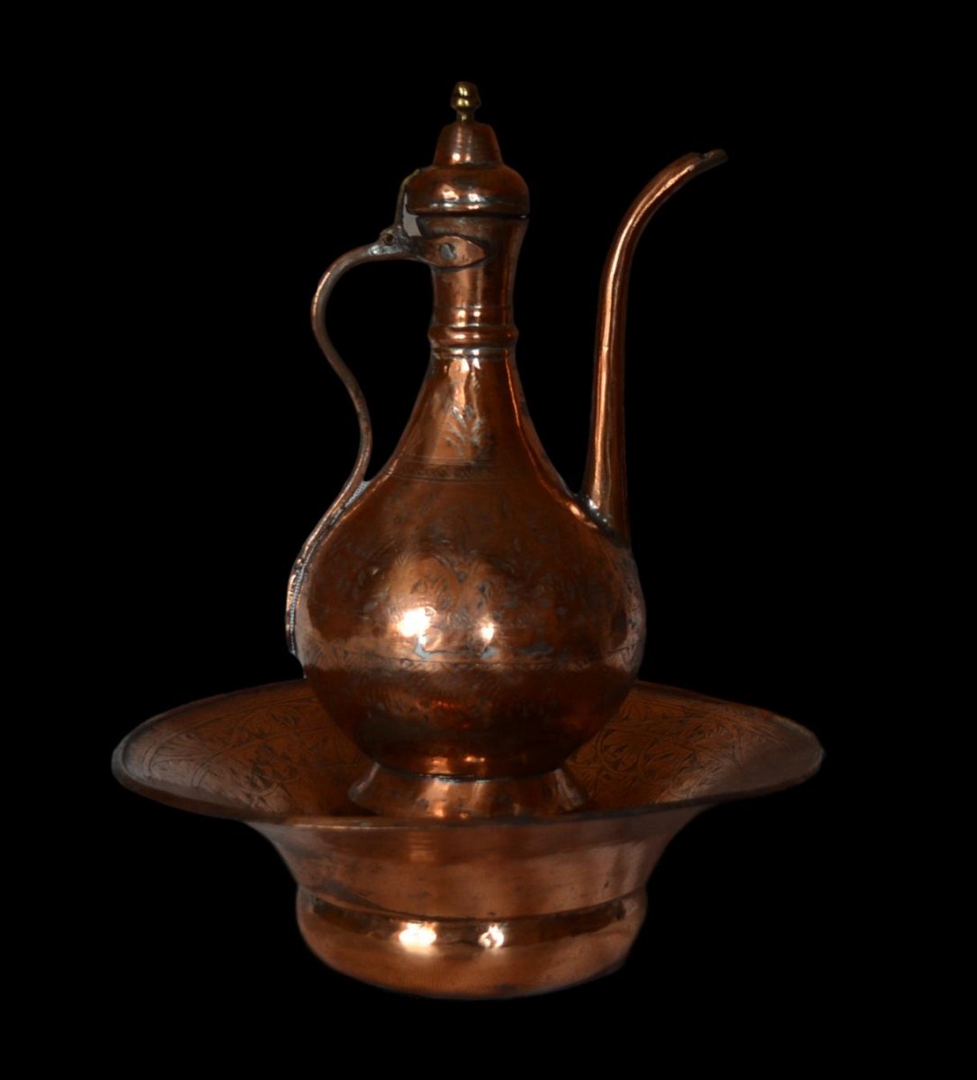 Ewer And Its Basin, Chiseled Copper, Ottoman Empire, End Of The XIXth Century,-photo-3