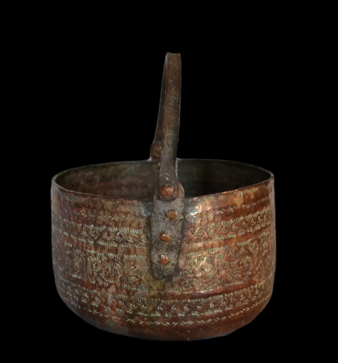 Engraved Red Copper Cauldron, Iran, Persia, Beginning Of XIXth Century-photo-2