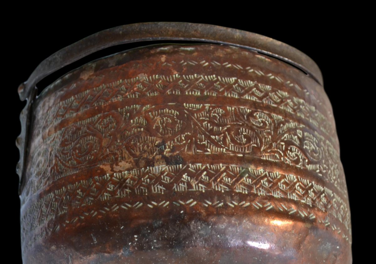 Engraved Red Copper Cauldron, Iran, Persia, Beginning Of XIXth Century-photo-3