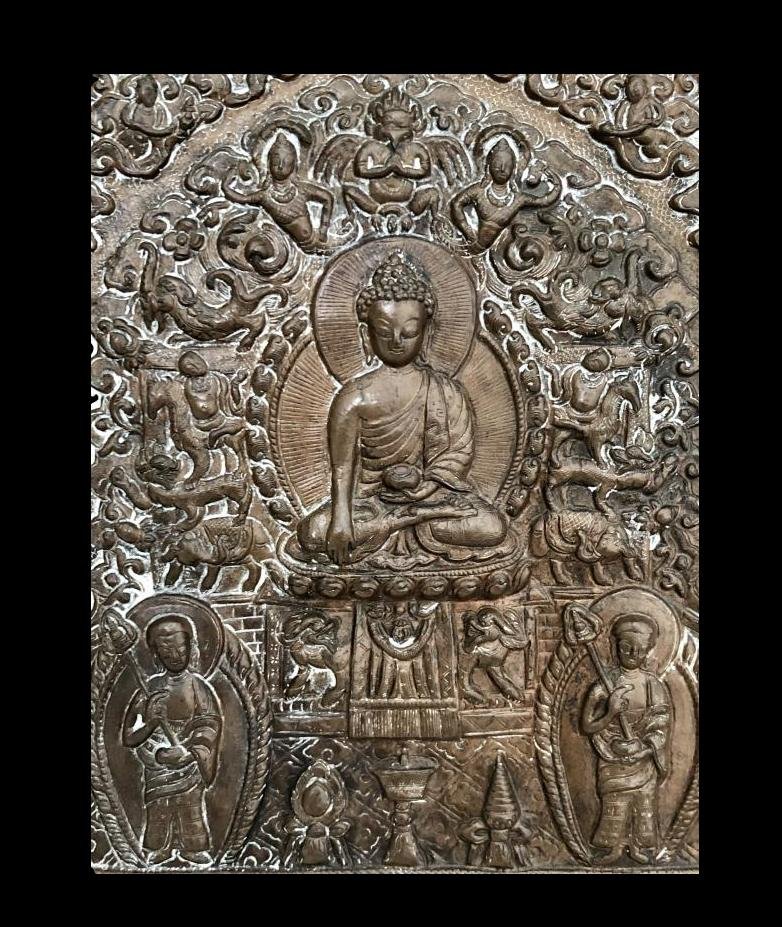 Tibet, Importante Plaque votive, "Vie de Bouddha " cuivre au repoussé, XIXème siècle-photo-2