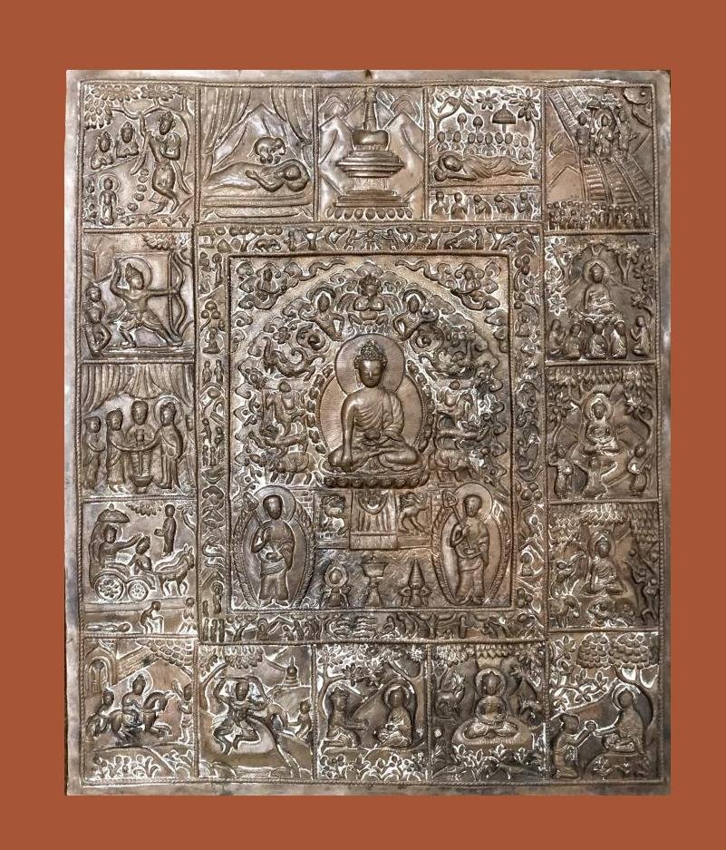 Tibet, Importante Plaque votive, "Vie de Bouddha " cuivre au repoussé, XIXème siècle-photo-3