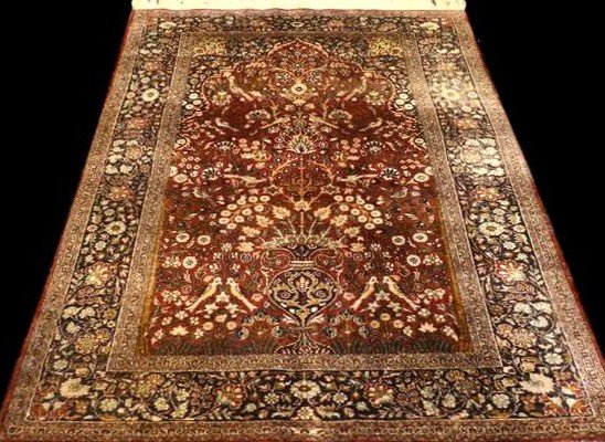 Tapis du Cachemire ancien, Soie, 125 cm x 182 cm, Vers 1950, en bel état et superbe Patine-photo-1