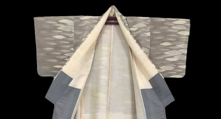 Kimono Komon In Silk, Japan, Leaf Decor, 1950/1960, Very Good Condition-photo-3