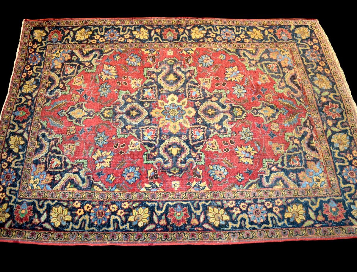 Tapis Persan Sarough ancien, 130 cm x 185 cm, soie et laine, Iran, très bon étatpour un tapis du XIXème Siècle-photo-2