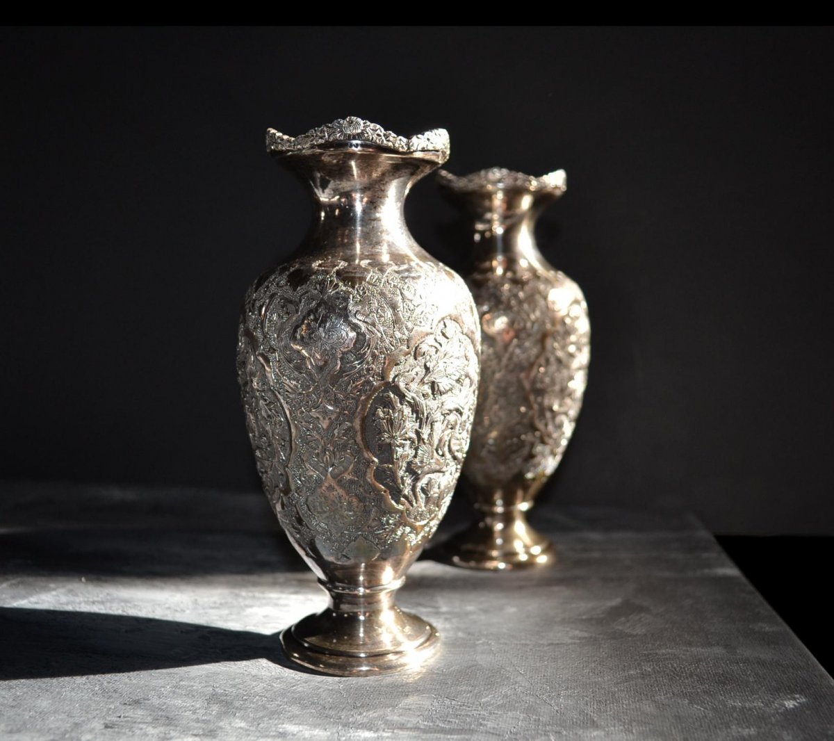 Pair Of  Mariage Vases, Solid Silver, Persia , XIX Century, Perfect